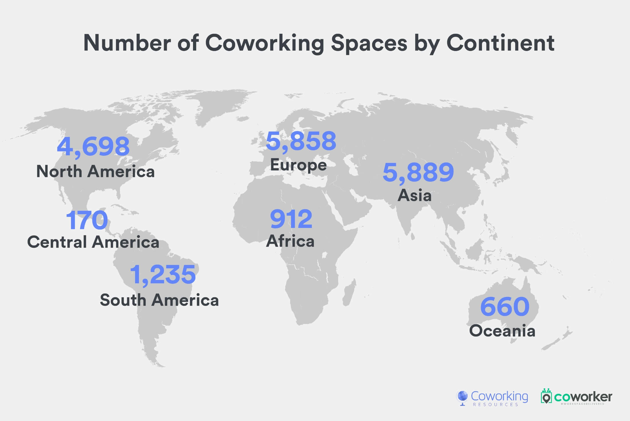 Coworking Map: Spaces by continent in 2020